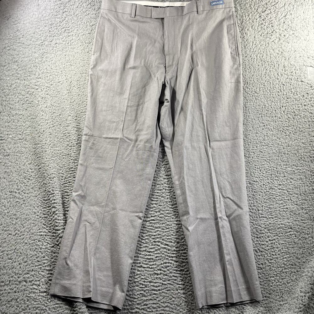Bachrach The Hampton Trouser Men 38x29 Gray Linen Blend Flat Front Pants NWT